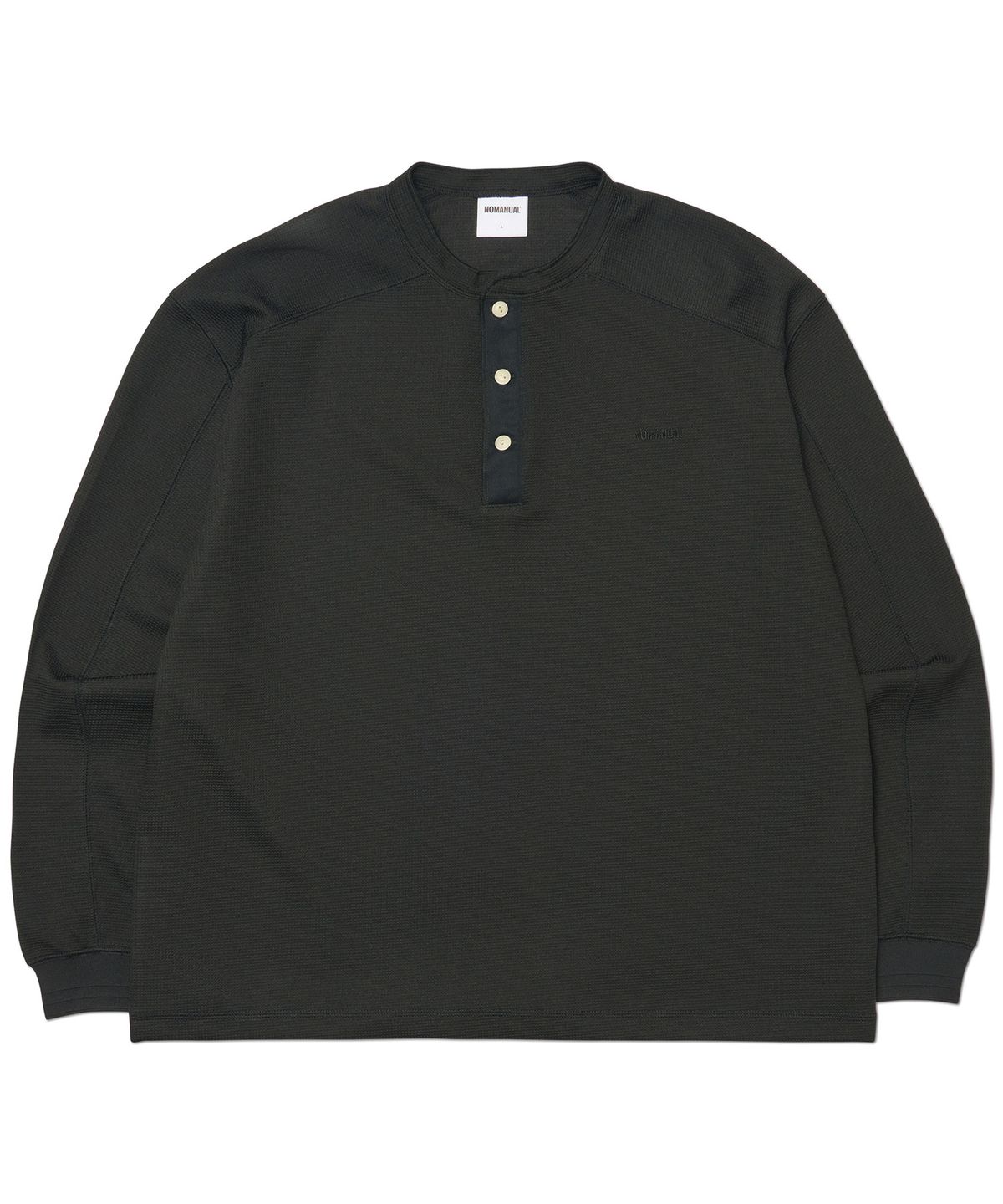 노매뉴얼(NOMANUAL) NM HENLEY NECK WAFFLE LONG SLEEVE TEE - BLACK