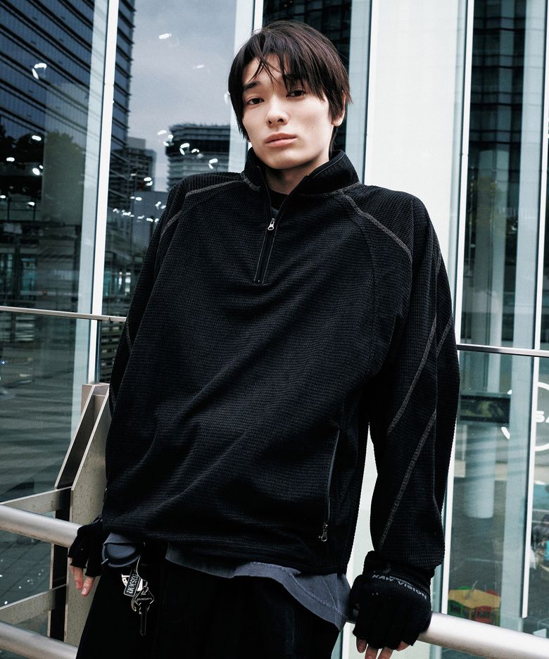 T.L HEAVY WAFFLE HALF ZIP-UP - BLACK