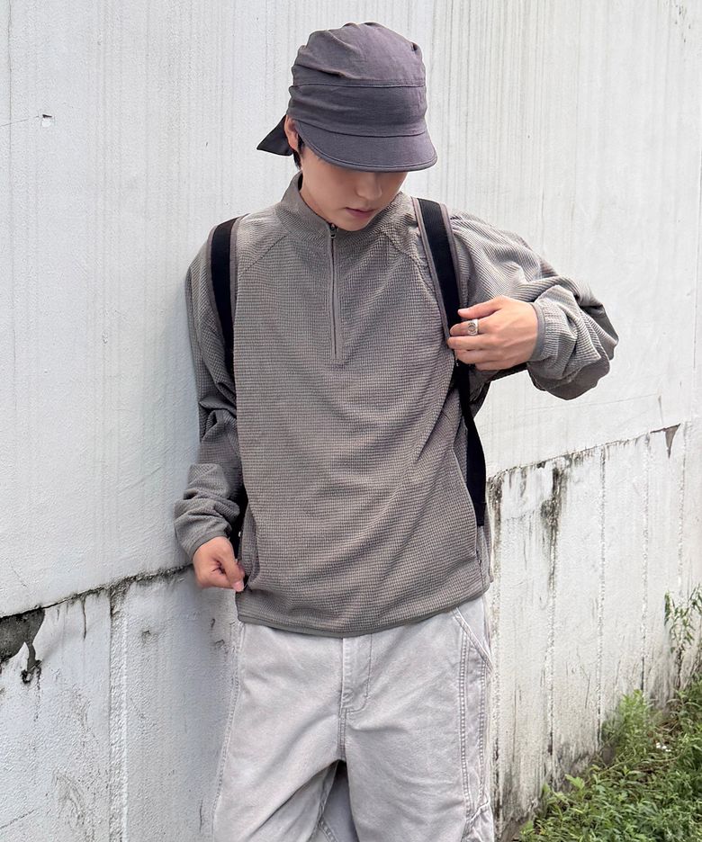 T.L HEAVY WAFFLE HALF ZIP-UP - CHARCOAL