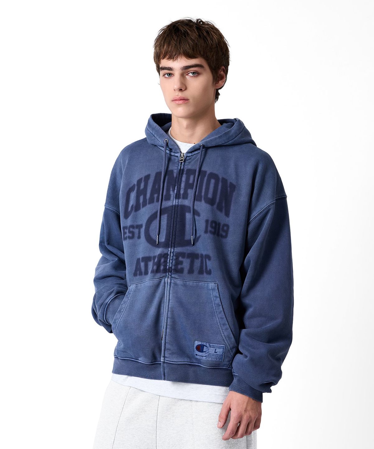 챔피온(CHAMPION) 로고 벌룬핏 다잉 후드 집업 Blue