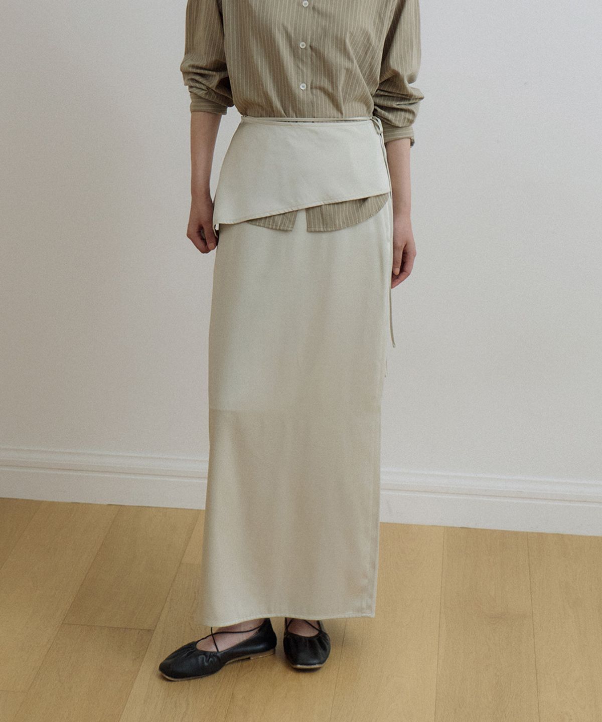 링서울(LINGSEOUL) wrap layered long skirt-beige