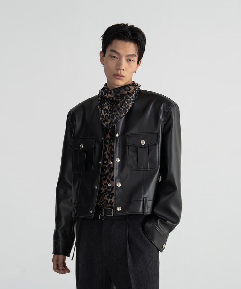 M PURE COLLAR FAUX LEATHER JACKET - BLACK