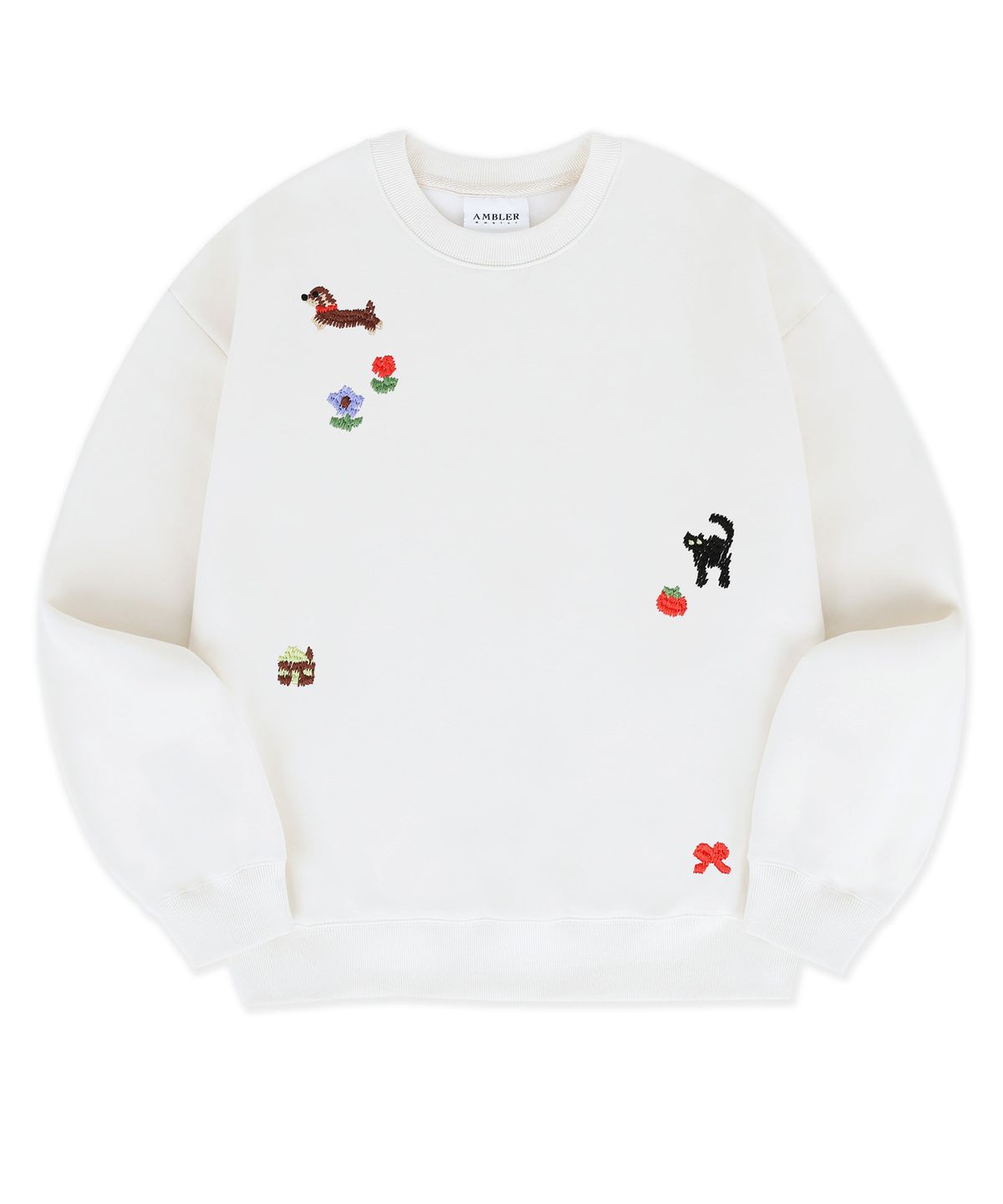 엠블러(AMBLER) Paint Friends 자수 맨투맨 티셔츠 AMM1411 (아이보리)