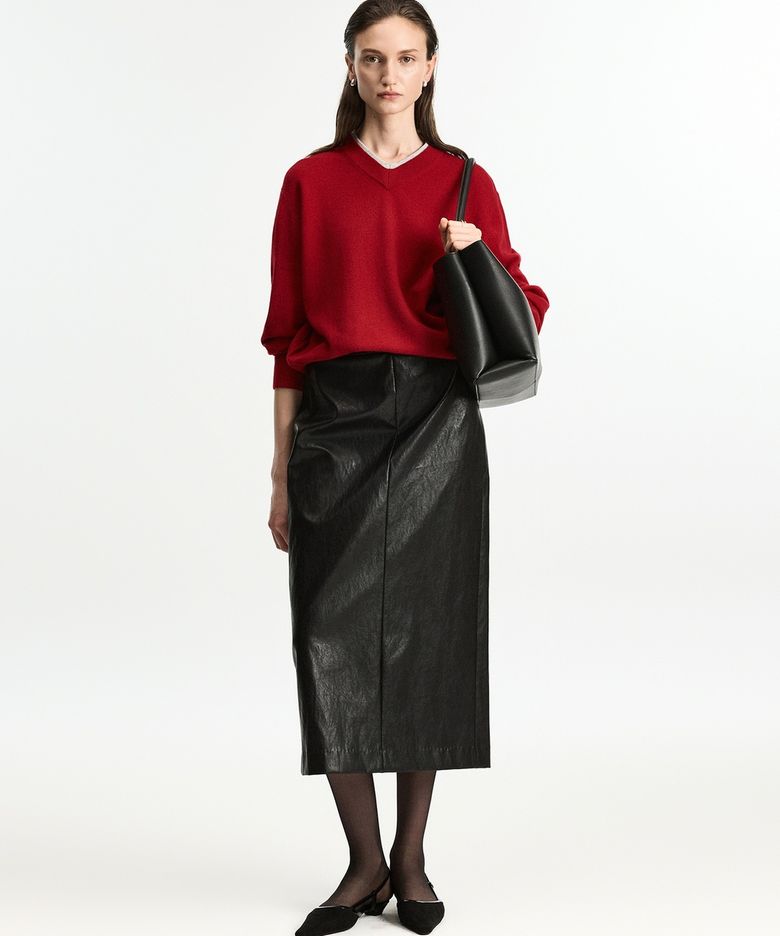 W Faux Leather Maxi Skirt (Washed Black) TNSK6F303BK