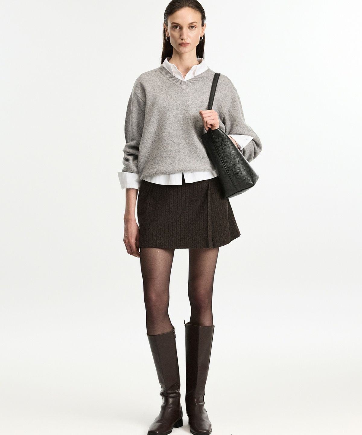 티엔지티 우먼(TNGT WOMAN) W Wool Herringbone Wrap Skirt (Brown) TNSK6F302W2