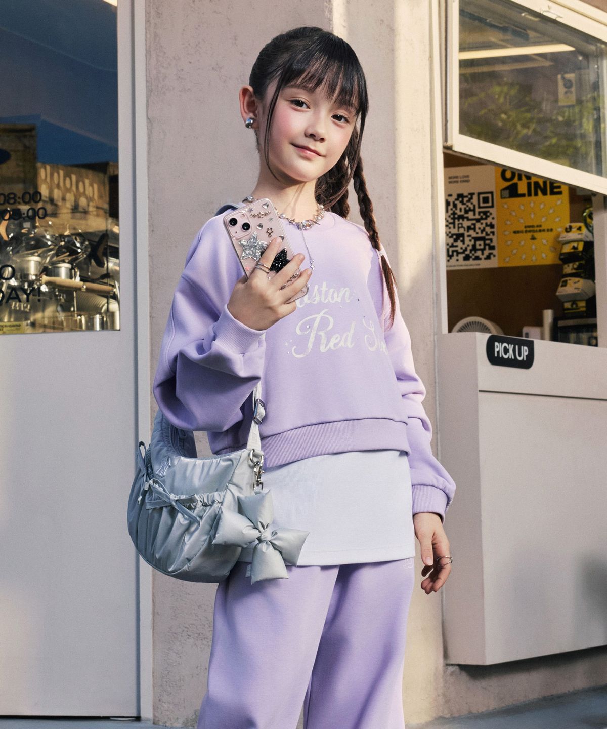엠엘비 키즈(MLB KIDS) 스트릿 걸즈 셔링 레이어드 맨투맨 세트 BOS (L.Lavender)
