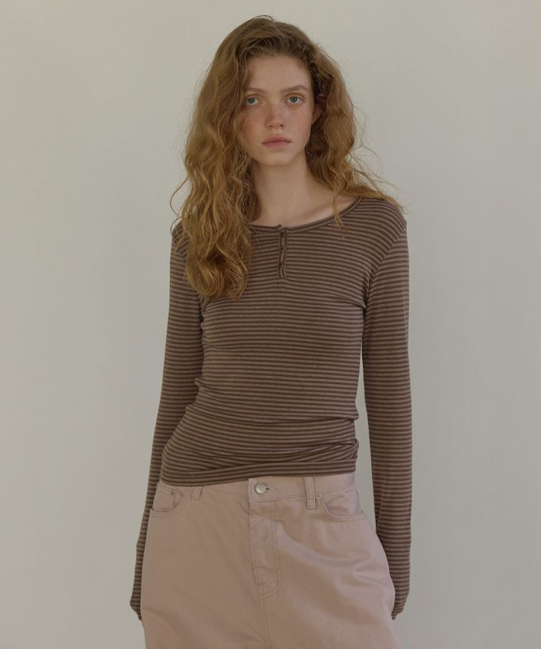STRIPE HENLEY NECK LONG SLEEVE T-SHIRT (BROWN)