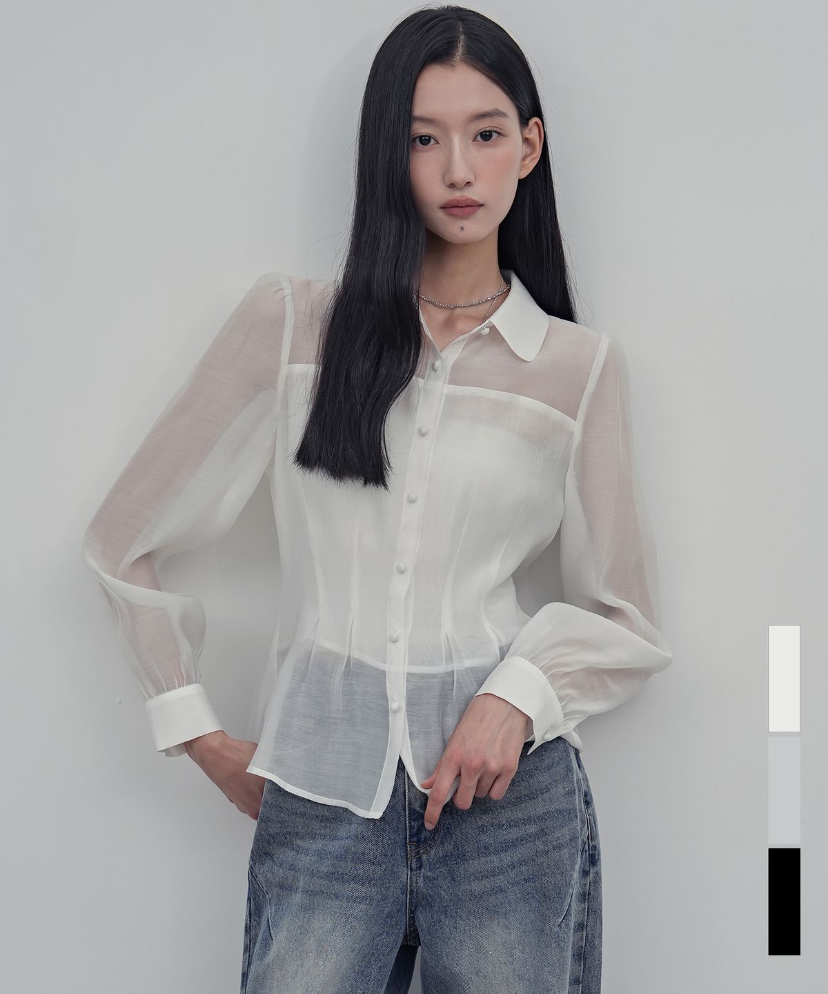 비바셔스(VIVACIOUS) 윈터 수아 시스루 롱 슬리브 블라우스_3COL