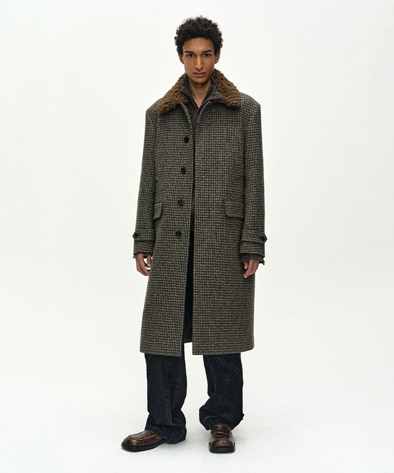 DETACHABLE FUR COLLAR CHESTERFIELD TWEED COAT (DARK GREEN)