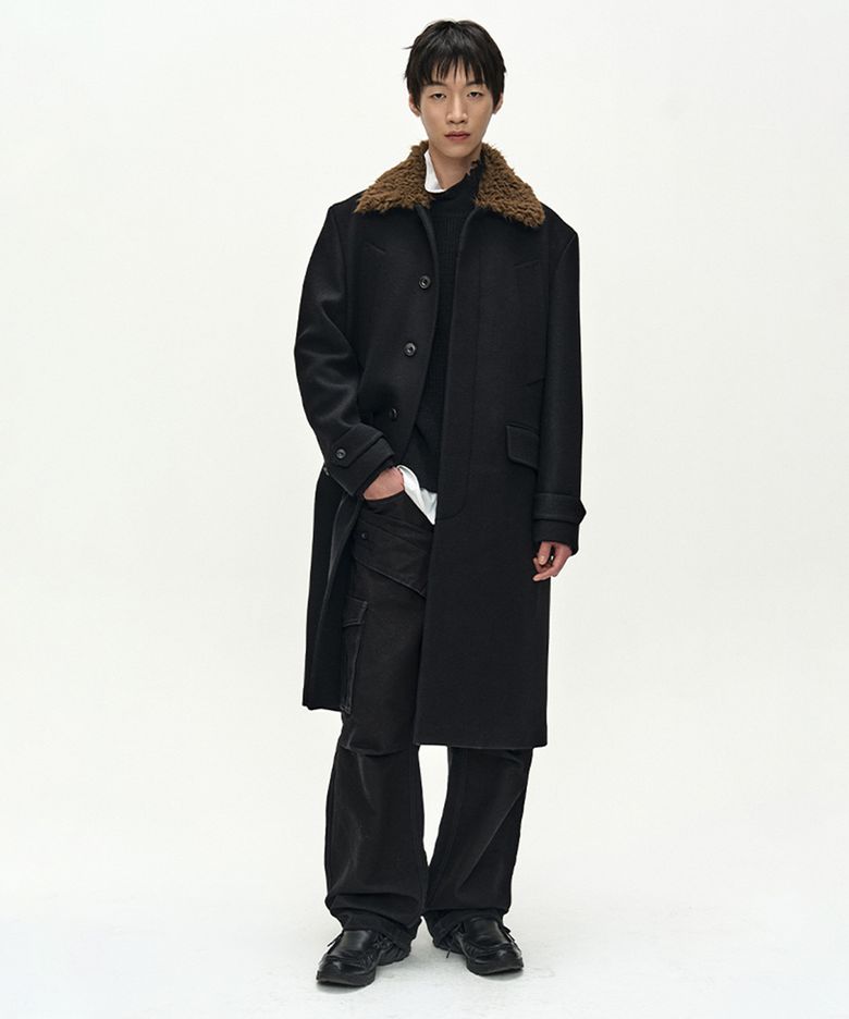 DETACHABLE FUR COLLAR CHESTERFIELD COAT (BLACK)