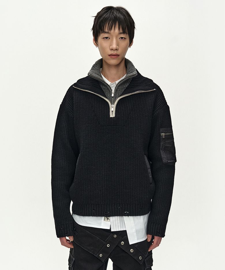 DOUBLE LAYERED QUARTER ZIP-UP SWEATER (BLACK/GREY)