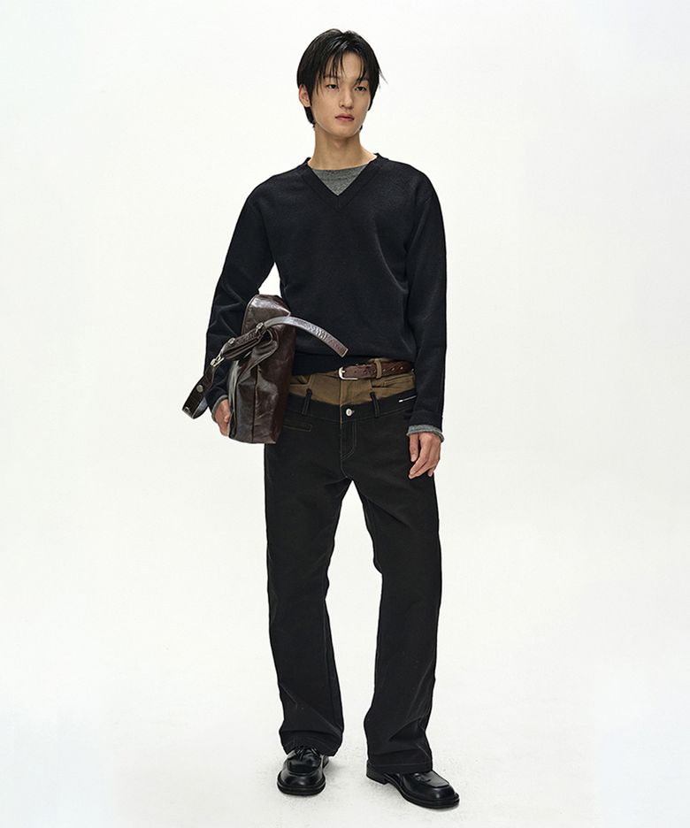 DOUBLE WAIST OXFORD WORK TROUSERS (BLACK/KHAKI)
