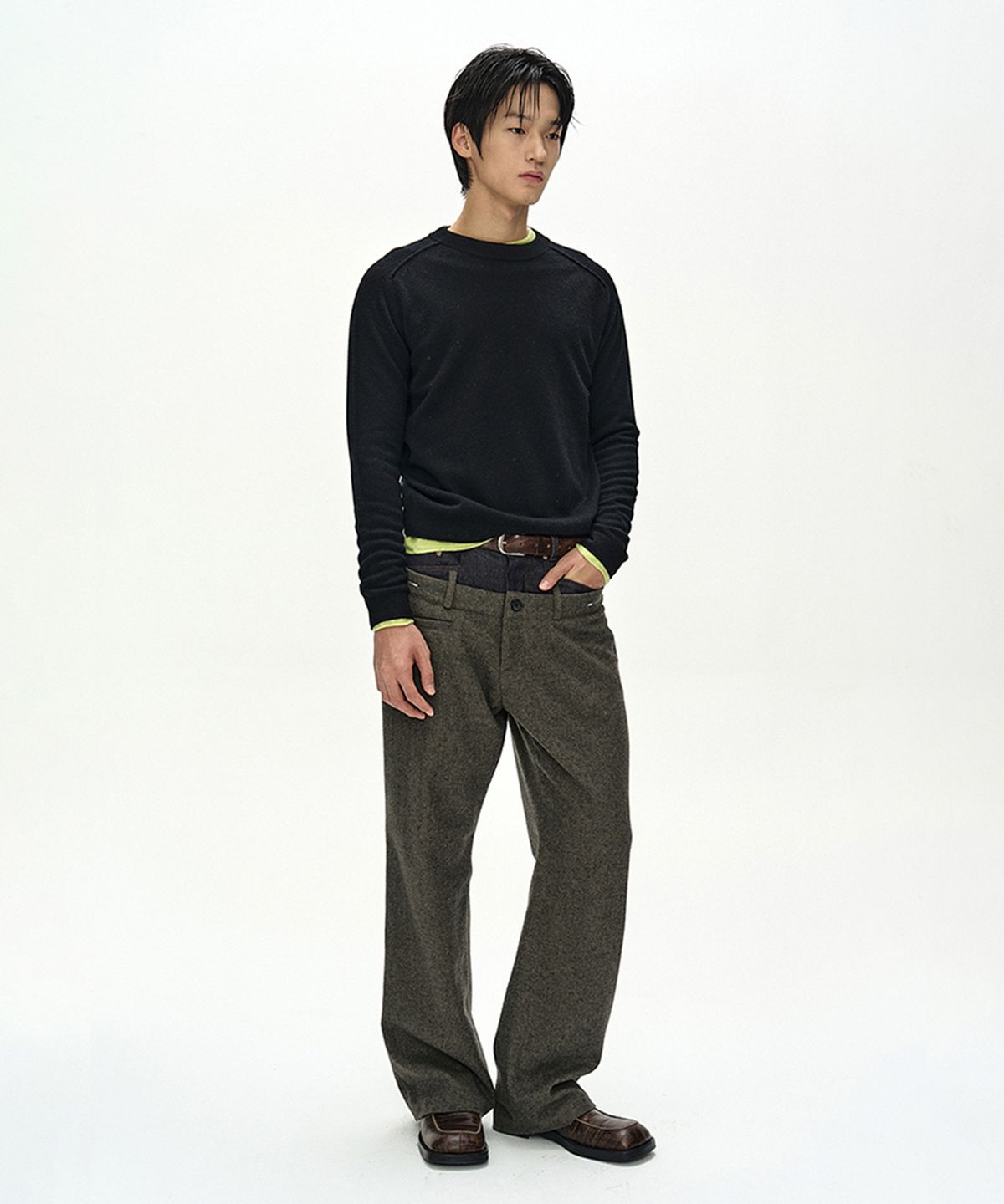 앤더슨벨(ADSB ANDERSSON BELL) DOUBLE WAIST DENIM WOOL TROUSERS (GREY/INDIGO)