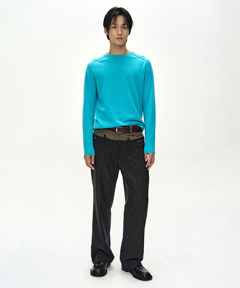 DOUBLE WAIST STRIPE WOOL TROUSERS (DARK GREY/BEIGE)