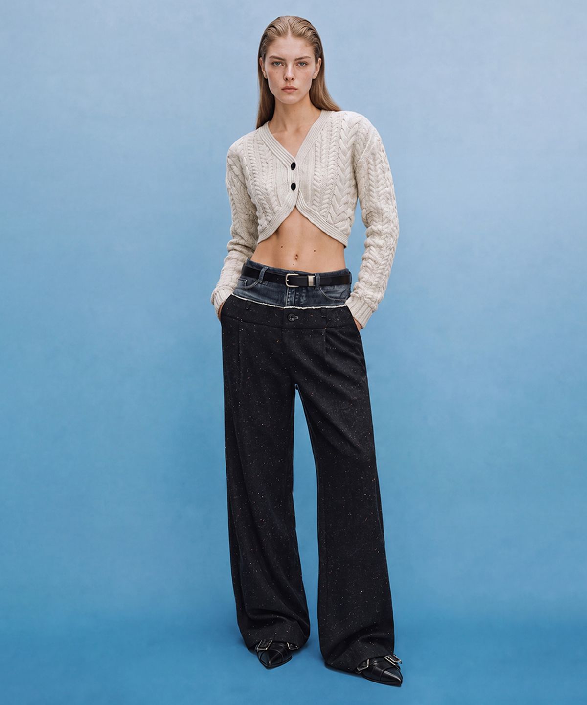 앤더슨벨(ADSB ANDERSSON BELL) DENIM-WAIST NEP WOOL TROUSERS (BLACK)