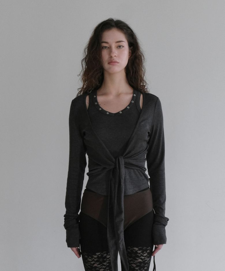 WRAP CARDIGAN SLEEVELESS SET [BLACK]