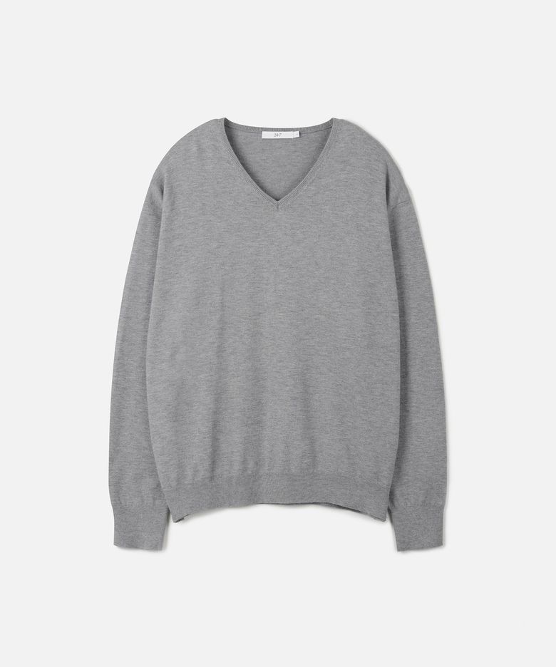 FINE RIBBED 브이넥 12GG 니트 MELANGE GRAY