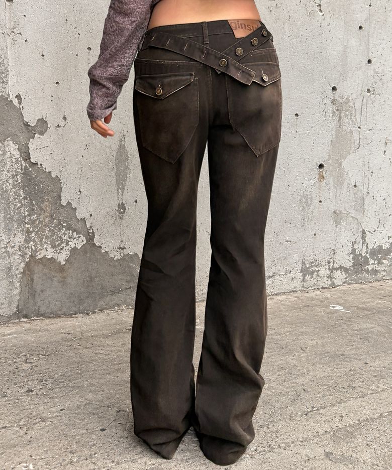 [긴스키 X 물바다]BACK STRAP VINTAGE DENIM PANTS (BROWN)