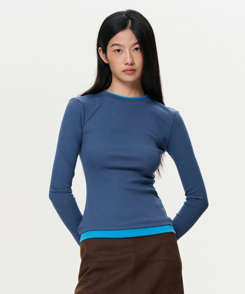 WOMEN COLOR LAYERED SLIM RIB T - VINTAGE NAVY