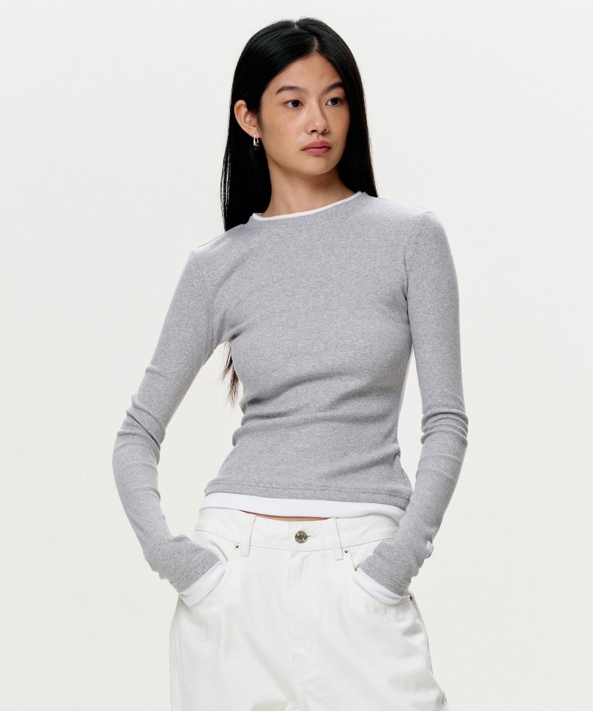 이알에이(ERA) WOMEN COLOR LAYERED SLIM RIB T - HEATHER GRAY