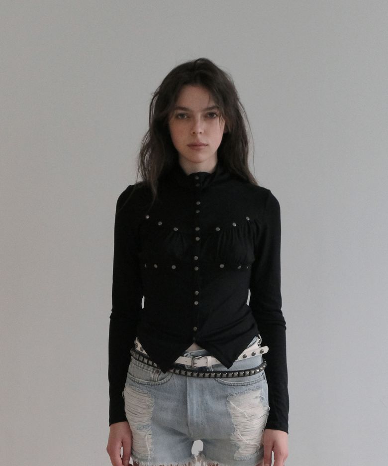 STUD SHIRRING JERSEY CARDIGAN [BLACK]