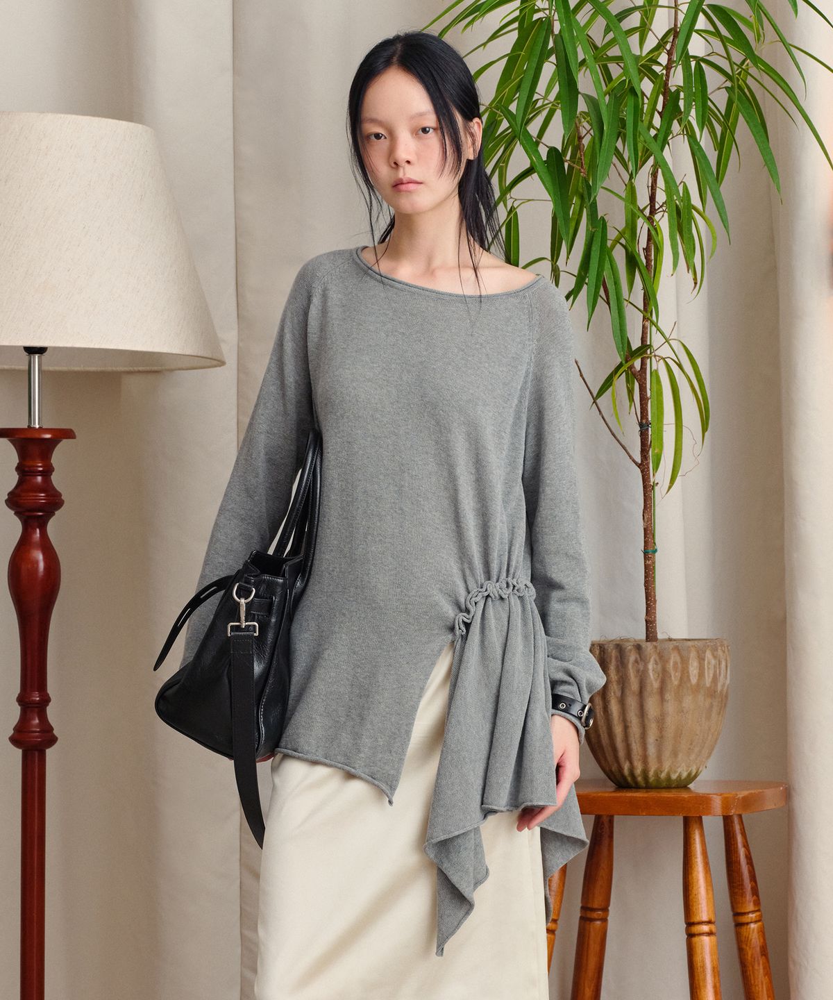 썬번프로젝트(SUNBURNPROJECT) SIDE SHIRRING BOAT NECK KNIT, MELANGE GREY
