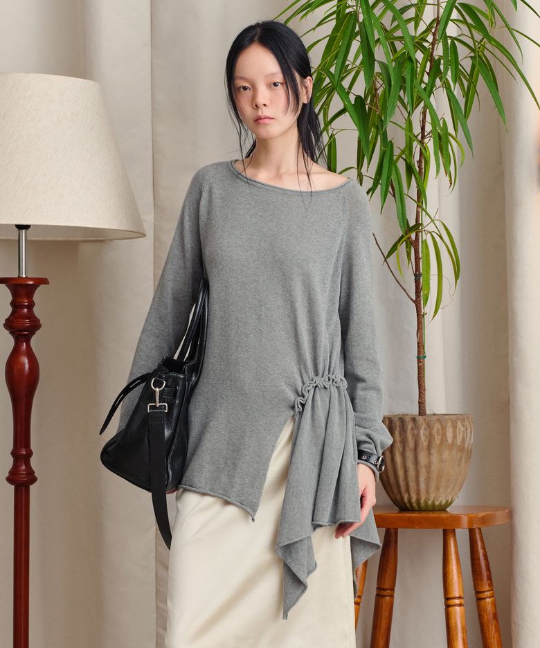 SIDE SHIRRING BOAT NECK KNIT, MELANGE GREY