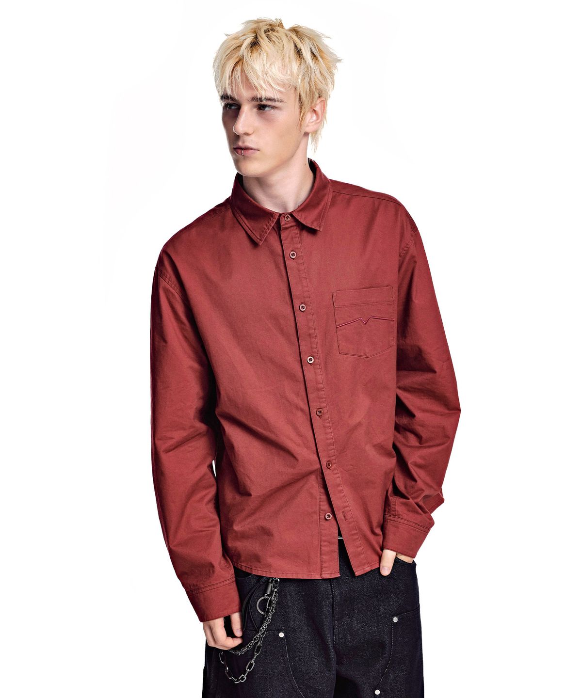 세컨모놀로그(SECONDMONO) [옷미새 미홀 콜라보]Washed Panel Shirt [RED]_SESH032RED
