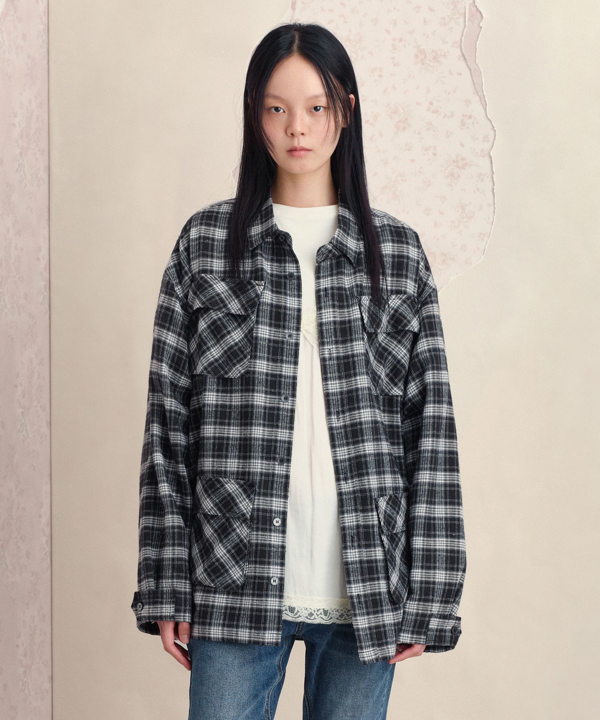 썬번프로젝트(SUNBURNPROJECT) POCKET OVERFIT CHECK SHIRT, BLACK