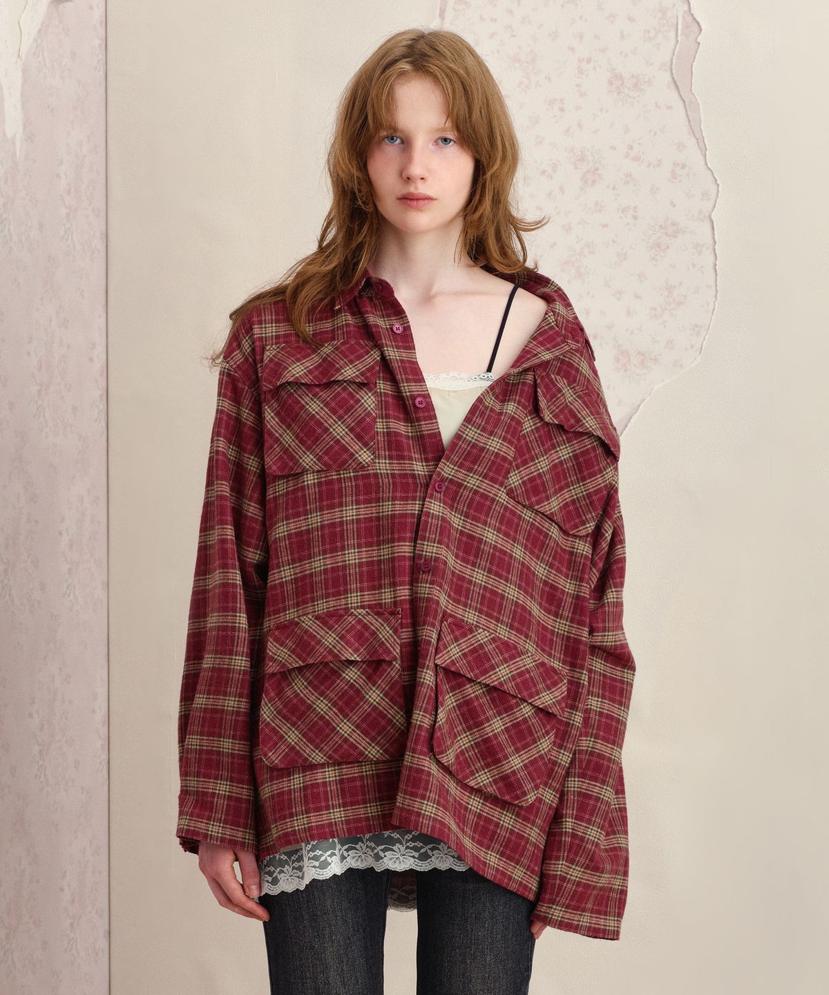썬번프로젝트(SUNBURNPROJECT) POCKET OVERFIT CHECK SHIRT, BURGUNDY