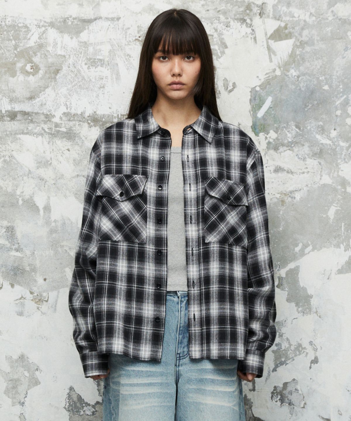 마하그리드(MAHAGRID) TWO POCKET CROP CHECK SHIRT[BLACK]