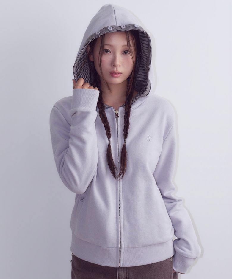 Flower Button Reversible Hoodie Zip Up, Lavender