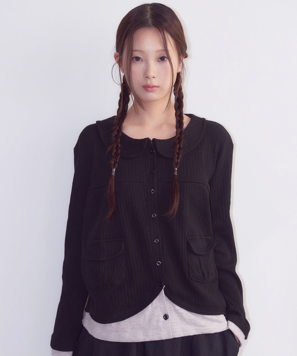 오피쉬(OAFISH) Layered Collar Pocket Cardigan, Black
