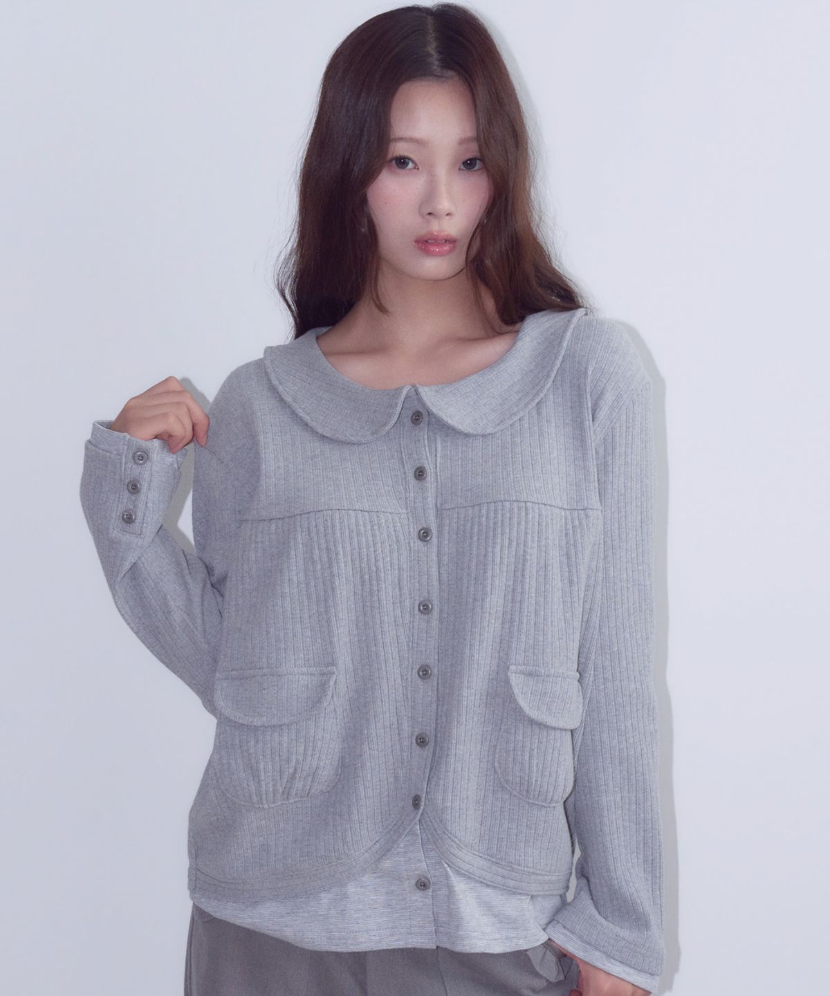오피쉬(OAFISH) Layered Collar Pocket Cardigan, Gray