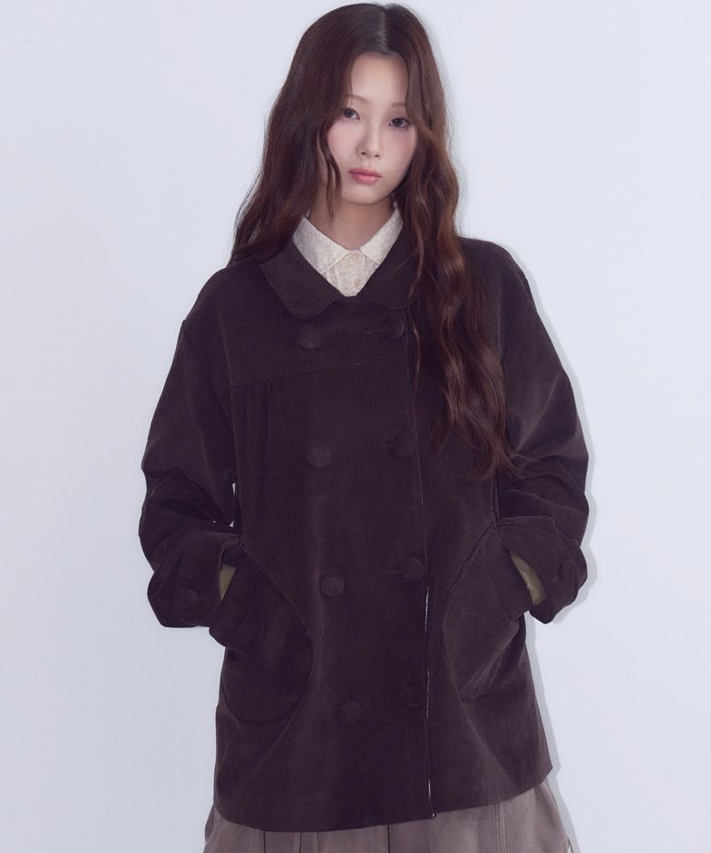 Double Button Corduroy Coat, Burgundy