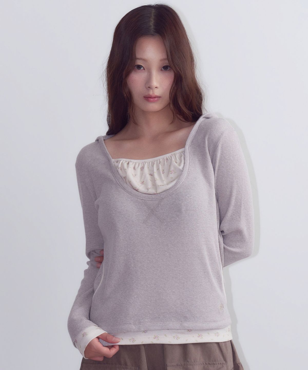 오피쉬(OAFISH) Layered Waffle Hoodie, Beige
