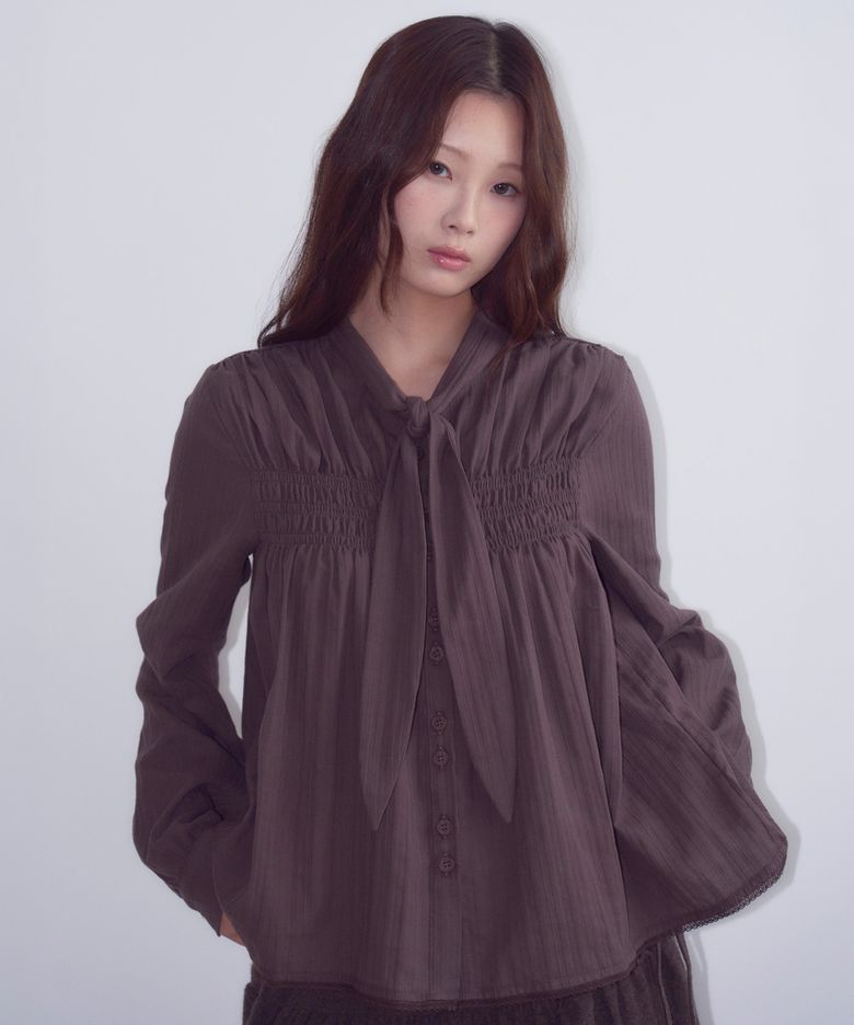Smocked Tie Blouse, Brown