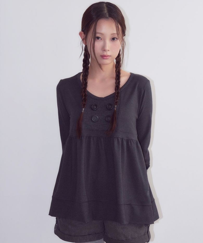 Button Shirring Long Sleeve, Black