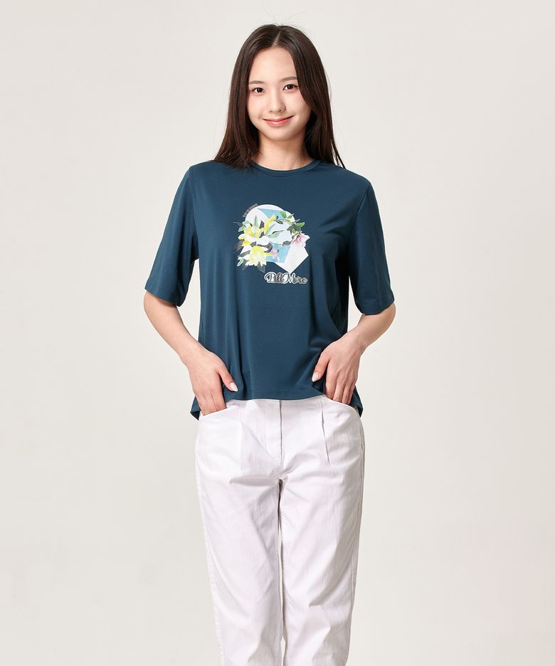 여성 언밸런스 헴 라운드넥 반팔 티셔츠