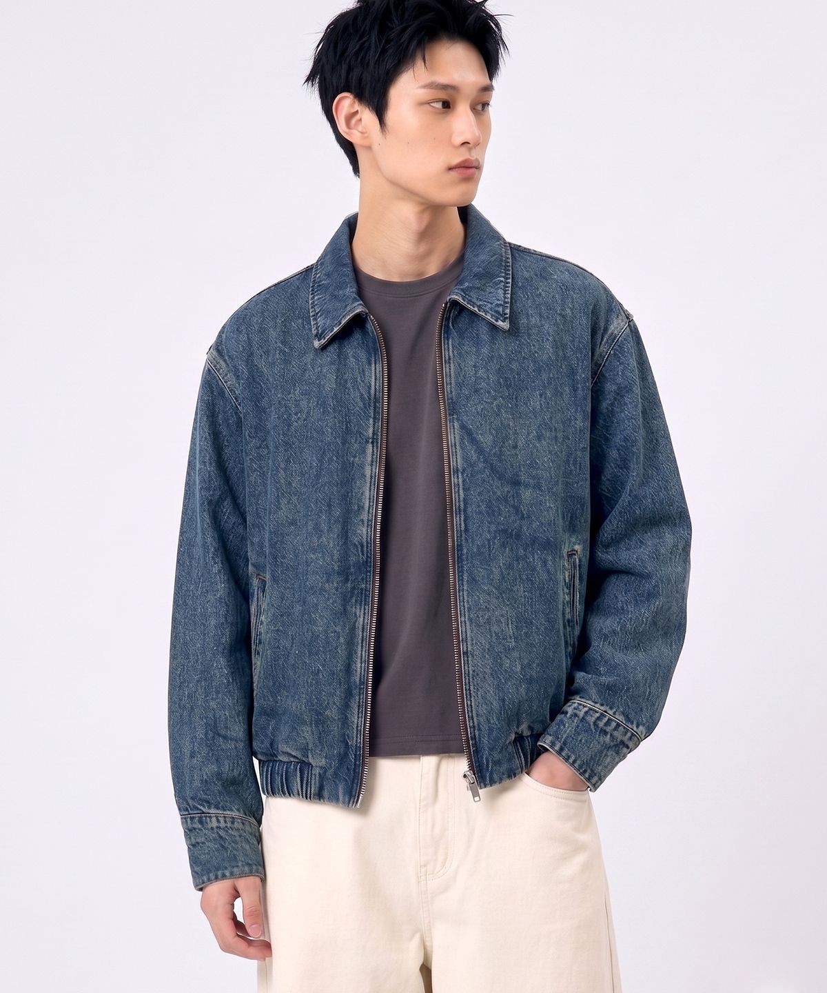 언더오프(UNDEROFF) 크롭핏 워싱 데님 블루종 인디고