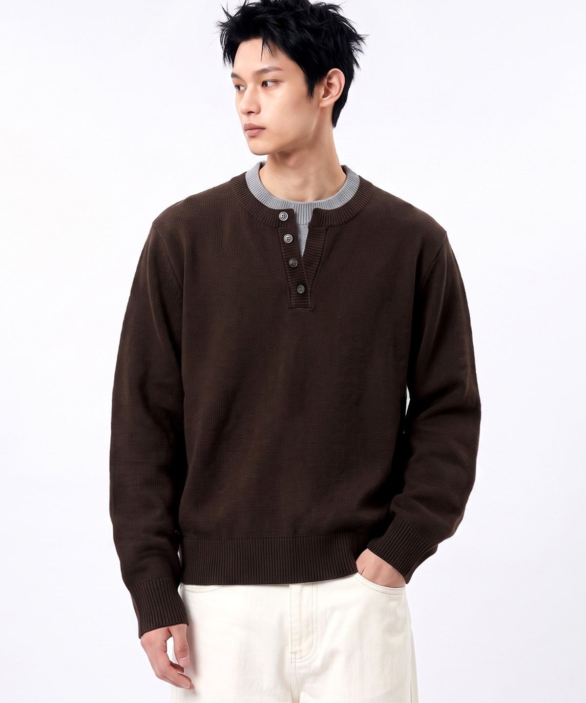 언더오프(UNDEROFF) 헨리넥 배색 레이어드 크롭 니트 브라운