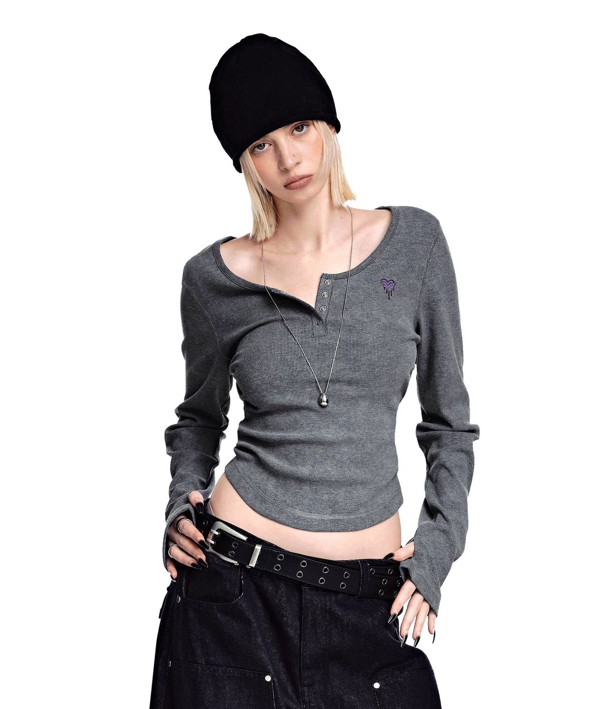 세컨모놀로그(SECONDMONO) Slim Fit Pigment Scoop Henley Top [GRAY]_SEWTS041GRAY