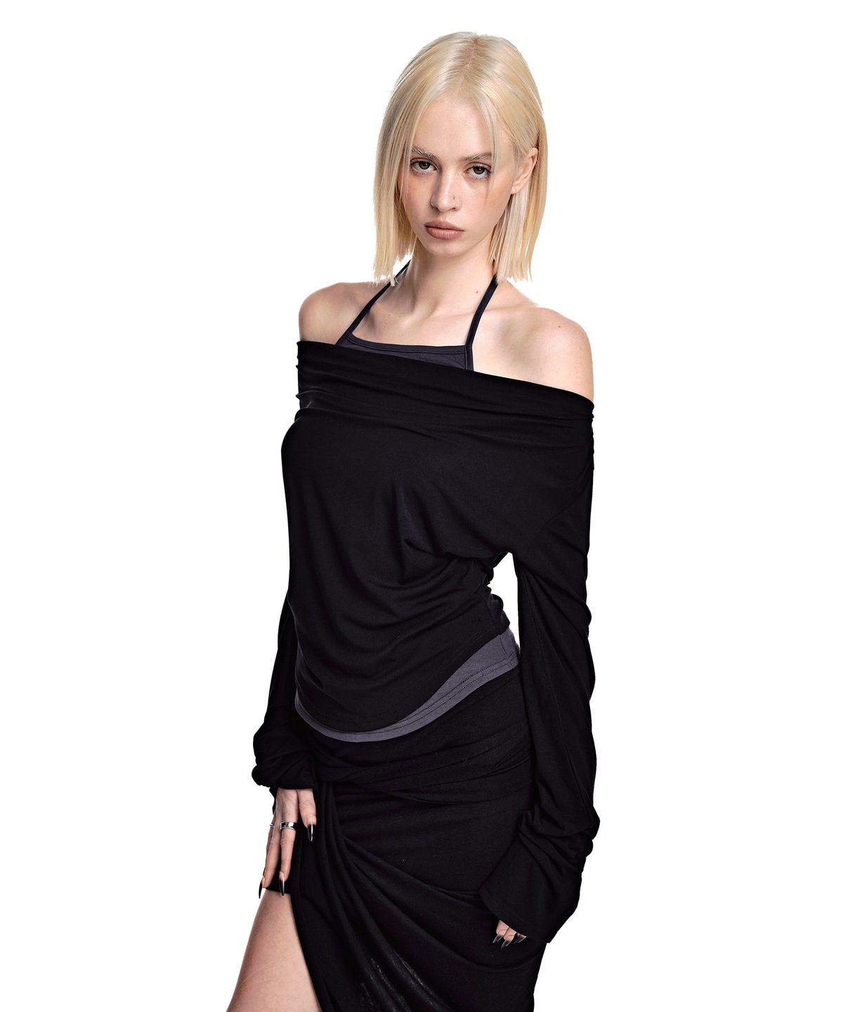 세컨모놀로그(SECONDMONO) 2-Way Layered Cowl Neck Top [BLACK]_SEWTS037BLACK