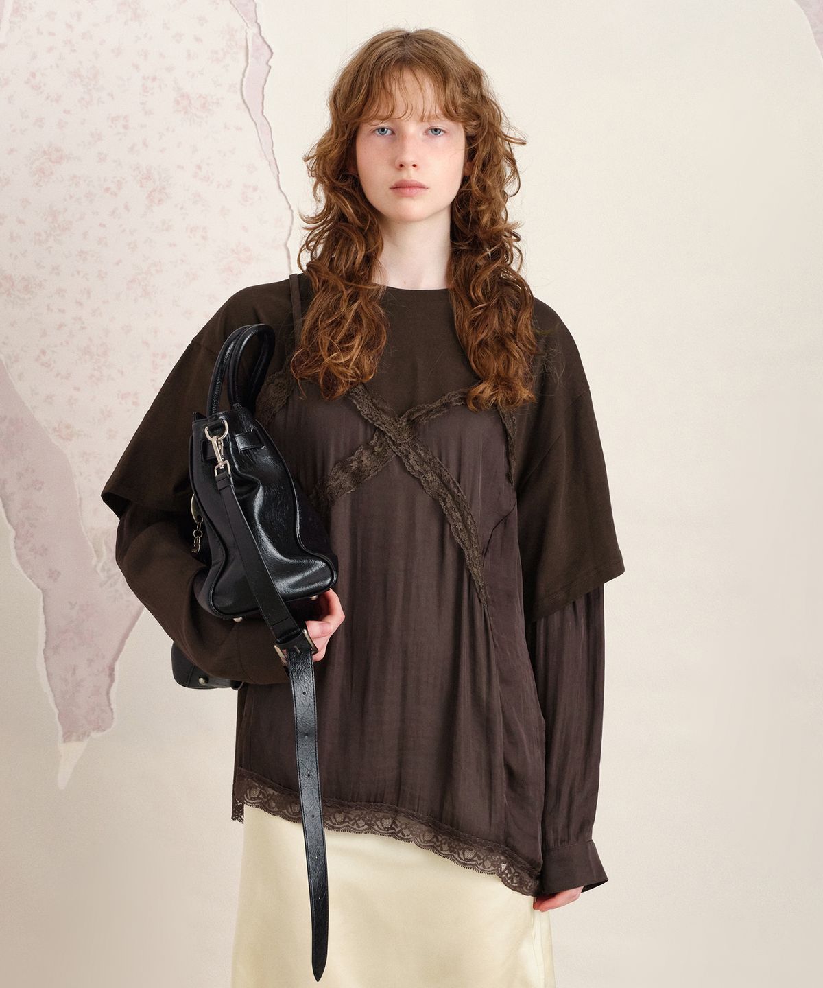 썬번프로젝트(SUNBURNPROJECT) LACE LAYERED LONG SLEEVE TOP, BROWN