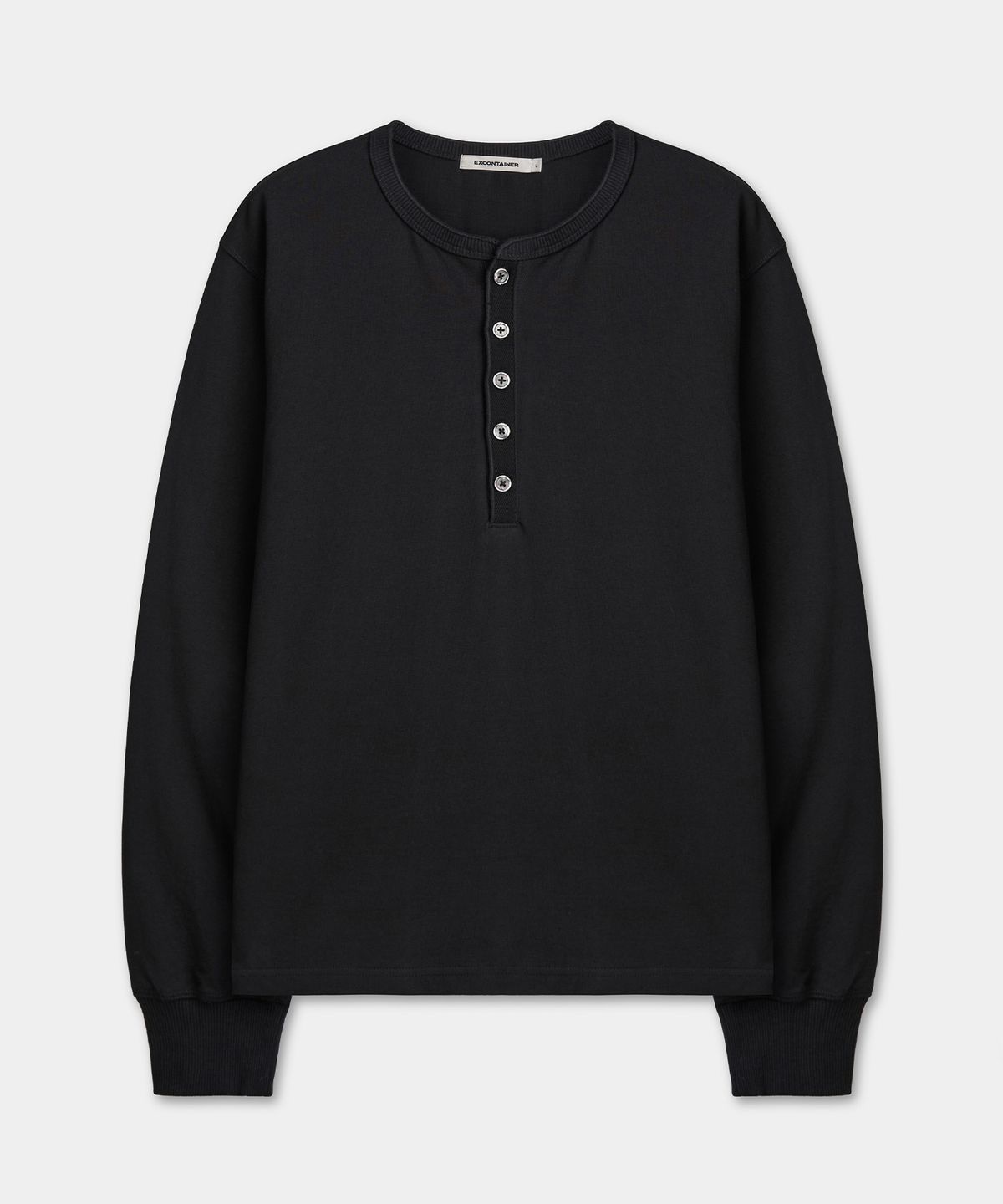 엑스컨테이너(EXCONTAINER) 빈티지 크롭 헨리넥 롱슬리브 (BLACK)
