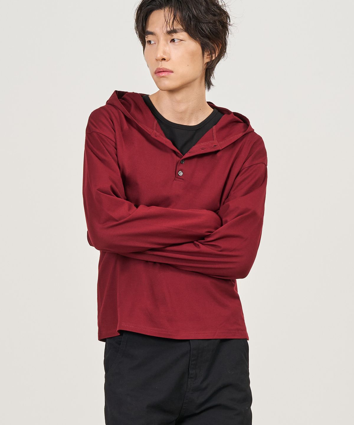 엑스컨테이너(EXCONTAINER) 헨리넥 후드 롱슬리브 (BURGUNDY)