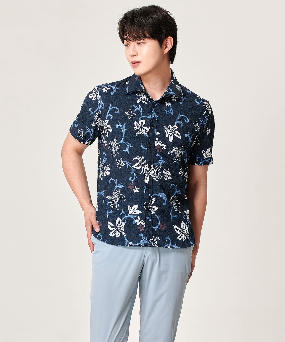 빌트모아(BILTMORE) 남성 썸머 시어서커 플라워 패턴 반팔 셔츠