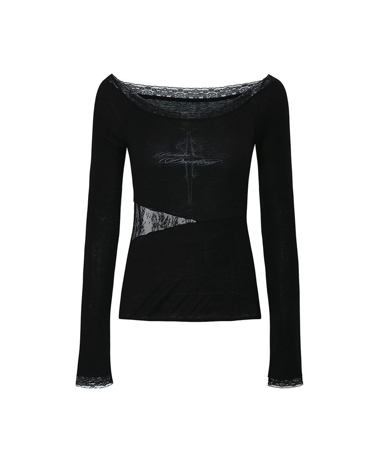 LACE BOATNECK TOP black