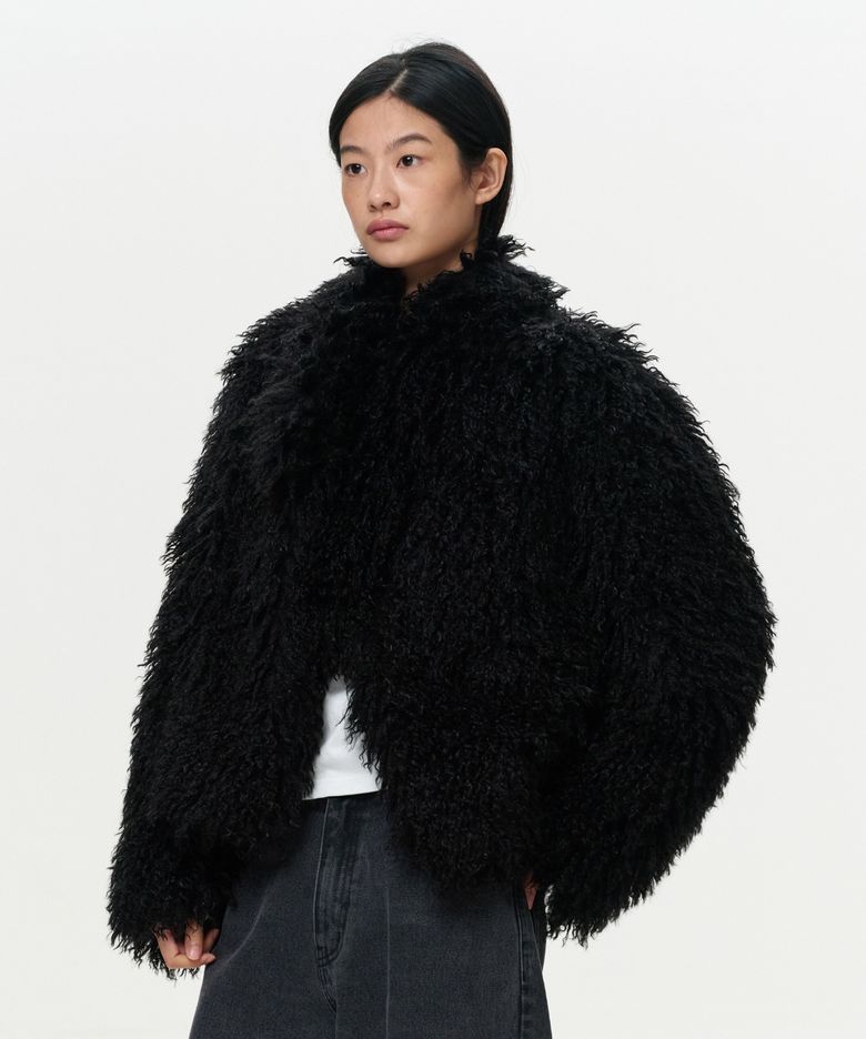 WOMEN ERA ASYMMETRIC SHAGGY FUR JACKET - BLACK