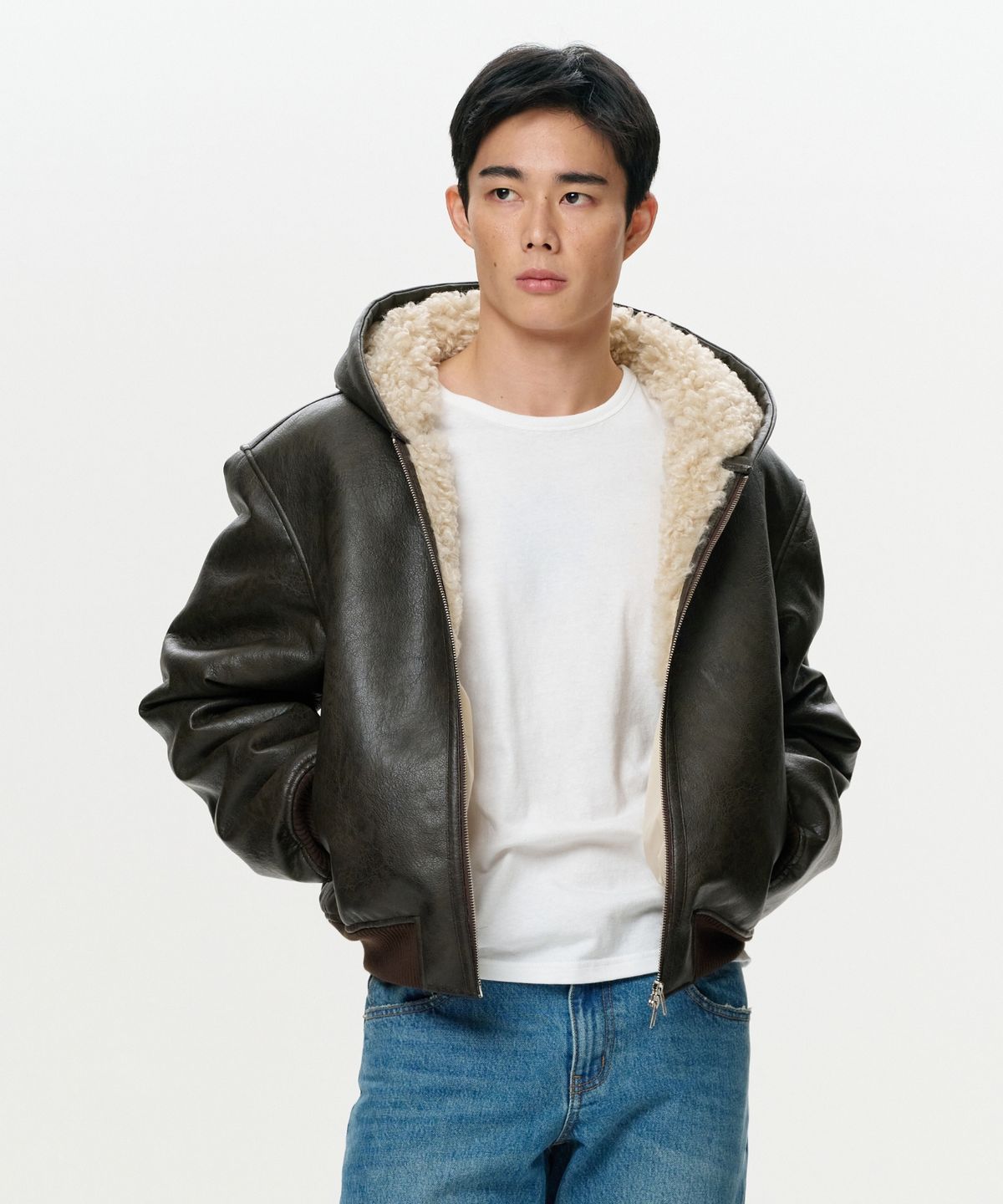 이알에이(ERA) UNISEX ERA FAUX SHEARLING HOODED JACKET - BROWN